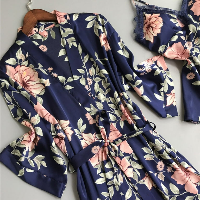 Honeeladyy Sales Online Womens Satin Pajama Sets 5 Pieces Floral Print Pyjamas Lace Sleepwear Cami Top Retro Silk Pijama with Chest Pads
