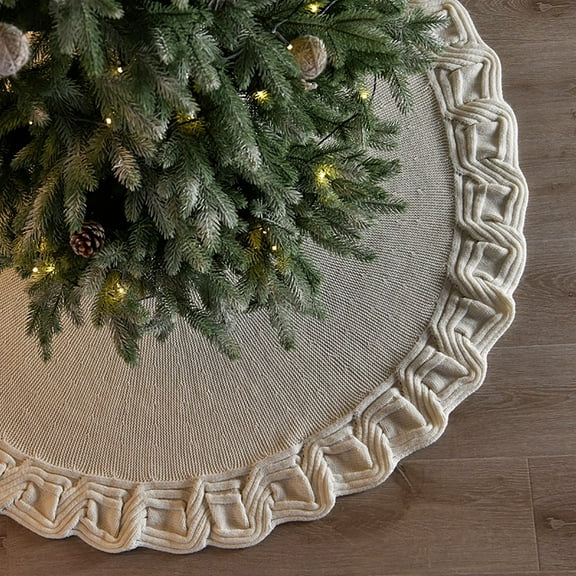 36 Inch White Knitted Christmas Tree Skirt, Small Thick Cable Knit Round Xmas Tree Skirt for 4-6FT Tree Rustic Neutral Farmhouse Christmas Tree Decorations Tree Base Cover