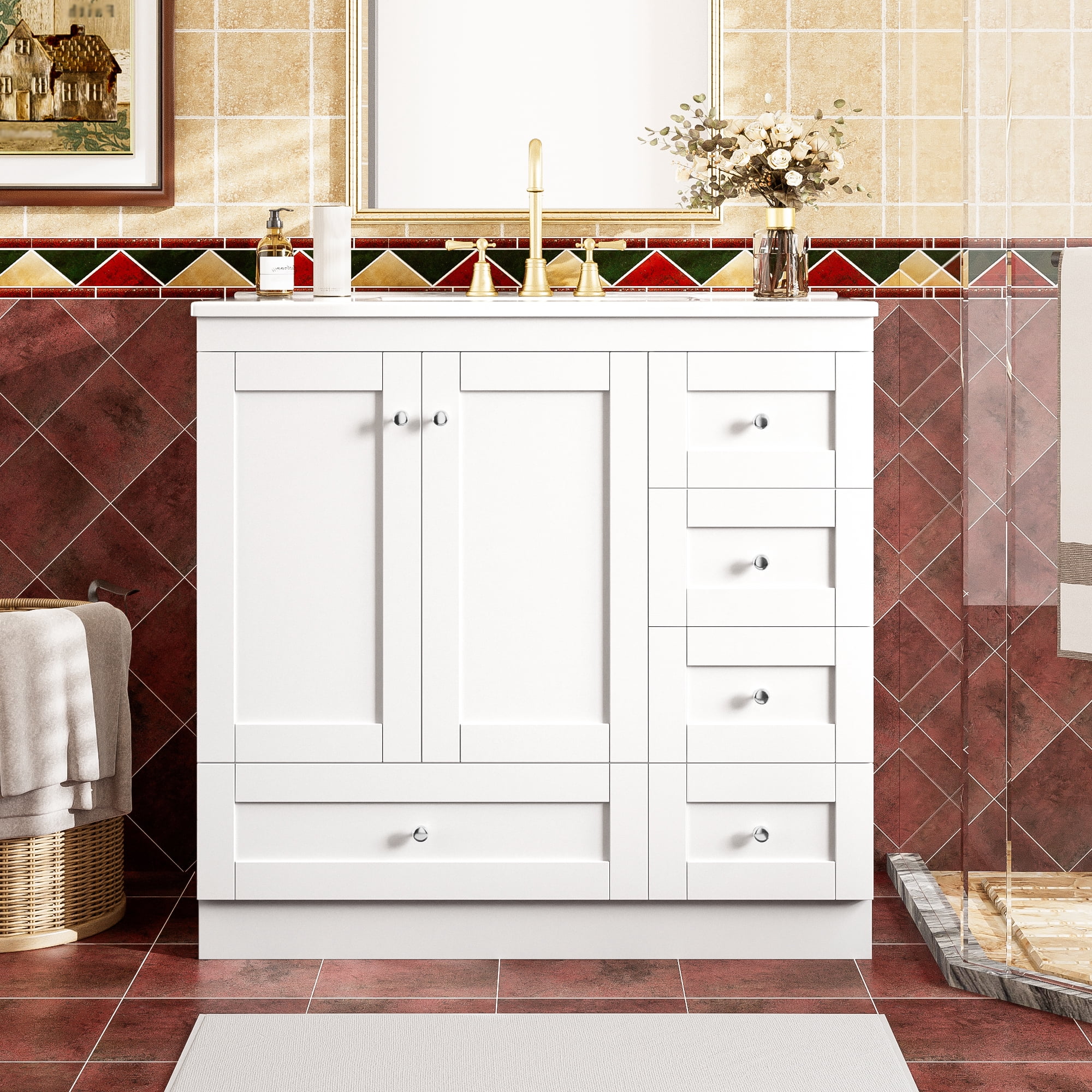 Shaker Style Bathroom Vanity with Ceramic Sink, 4 Soft Close Drawers and 2 Doors, 36" White for Ample Storage