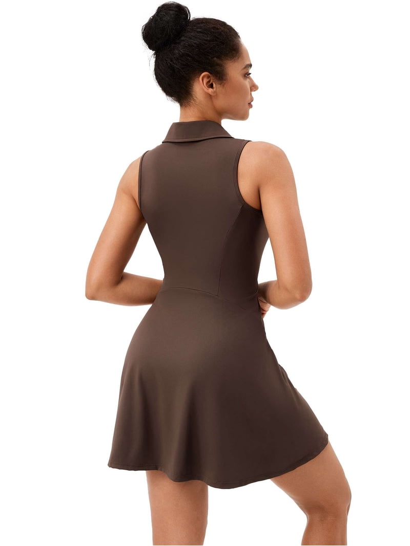 brown exercise dress Deago Tennis Dress for Women Athletic Dress Zip Up Polo Sleeveless Golf Workout  Exercise Dresses (Brown, 2XL)
