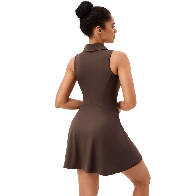 brown sports dress Spencer Tennis Dress for Women, Tennis Golf Dresses with Zipper, Sleeveless Workout Exercise Athletic Dresses Summer Polo Dress "White,L"