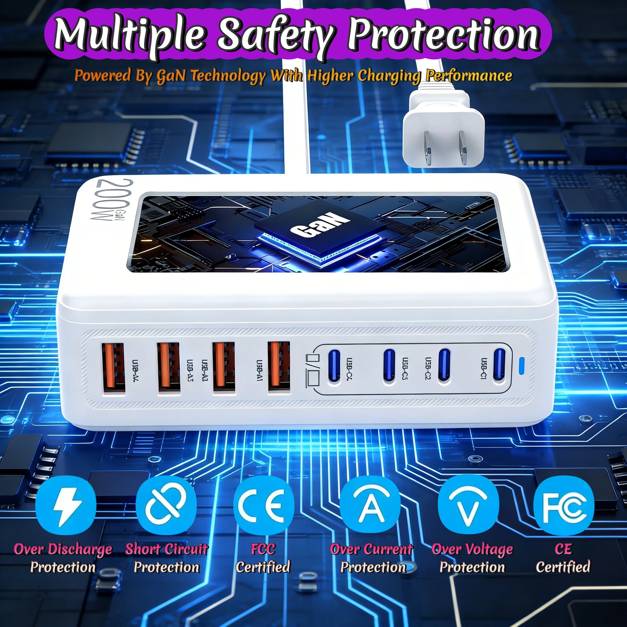 Fast Charger USB C Charger Block, 200W GaN 8 Port USBC Charging Station USB Hub Block Cube, PD 65W Laptop Charging Station for Multiple Devices iPhone 17/16/15,MacBook Pro/Air,iPad,White