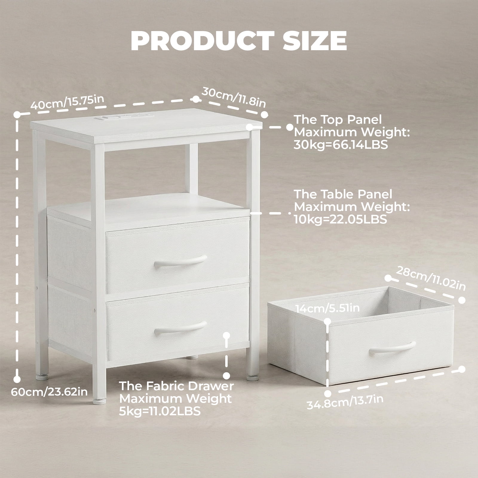 Alvantor Bedside Table Charging Station Nightstand with Fabric Drawers, End Side Table for Bedroom Living Room