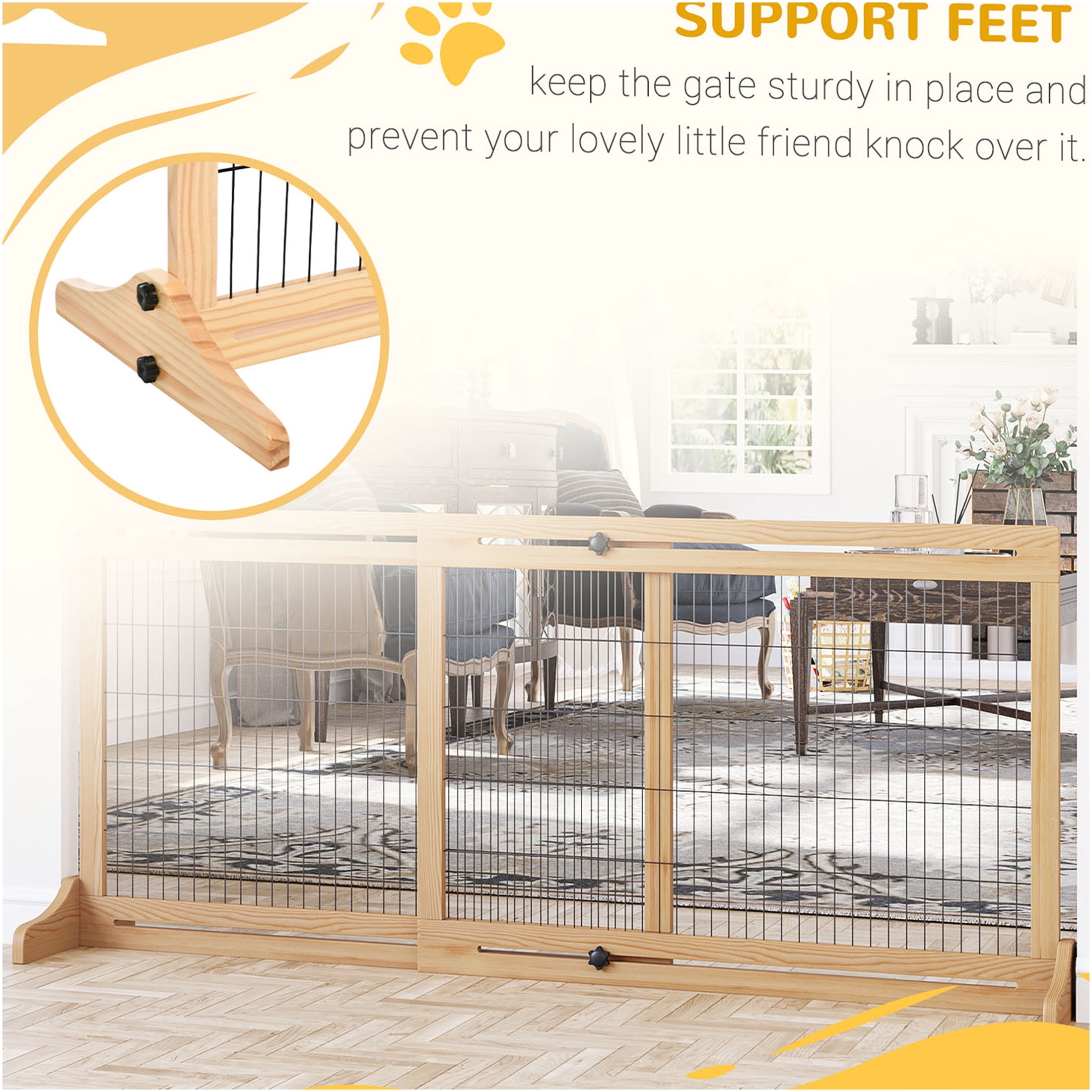JERFIT Extra Wide Freestanding Pet Gate for Doorways, 41-72 inch Adjustable Wooden Dog Gate with Steel Mesh, Ideal for Hallways & Stairs, Natural Finish