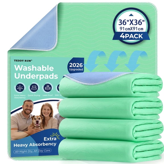 4pack 36” x 36” Extra Heavy Absorbency Washable Underpads, Waterproof Quick Drying Nursing Pads Incontinence Bed Pads, Reusable Washable Pee Pads for Dogs, Diaper Changing & Adults(Green)