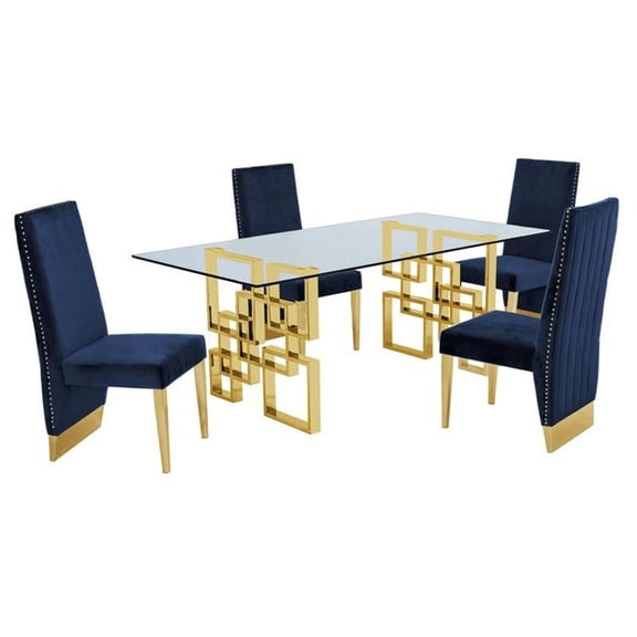 Rectangular Clear Glass 5pc Dining Set with Gold Stainless Steel Base