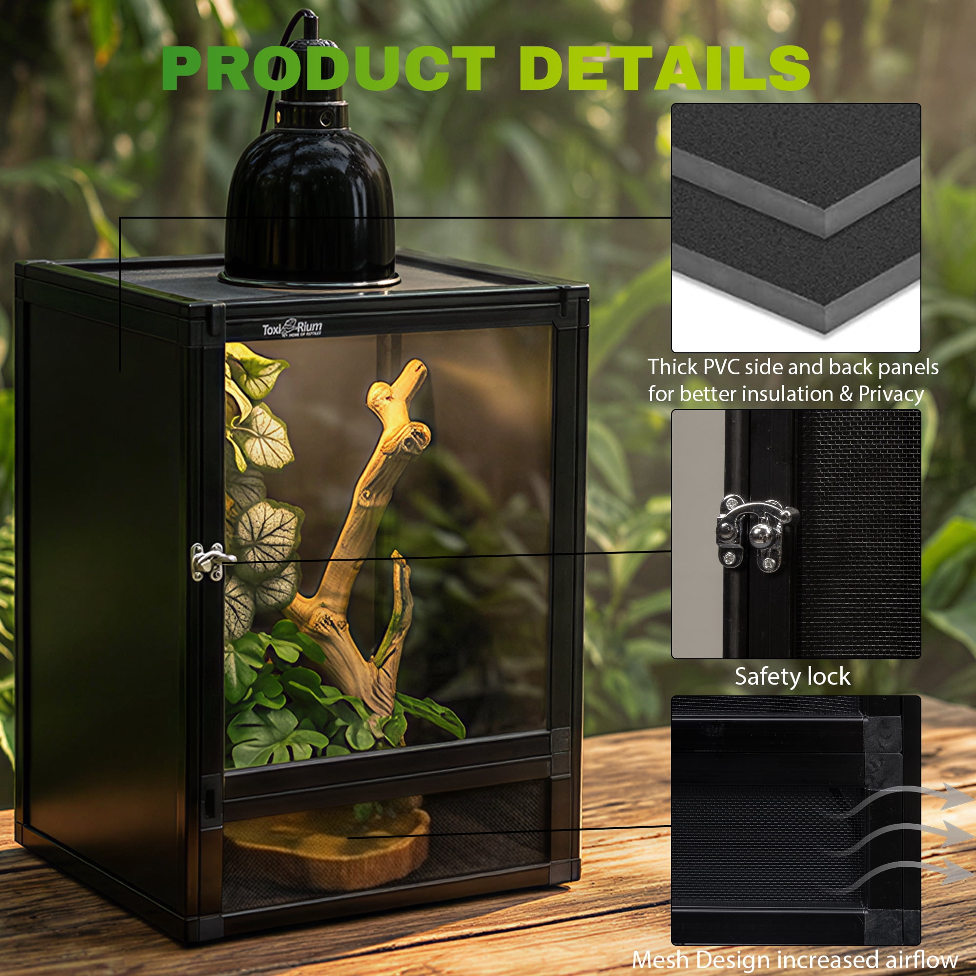 ToxiRium 18x18x36Inch Hybrid PVC Reptile Cage, Ventilated Warm PVC Habitat with Interchangeable Acrylic & Mesh Doors, Easy Assembly, Front Dual Access for Gecko, Chameleon, Snake, Frog