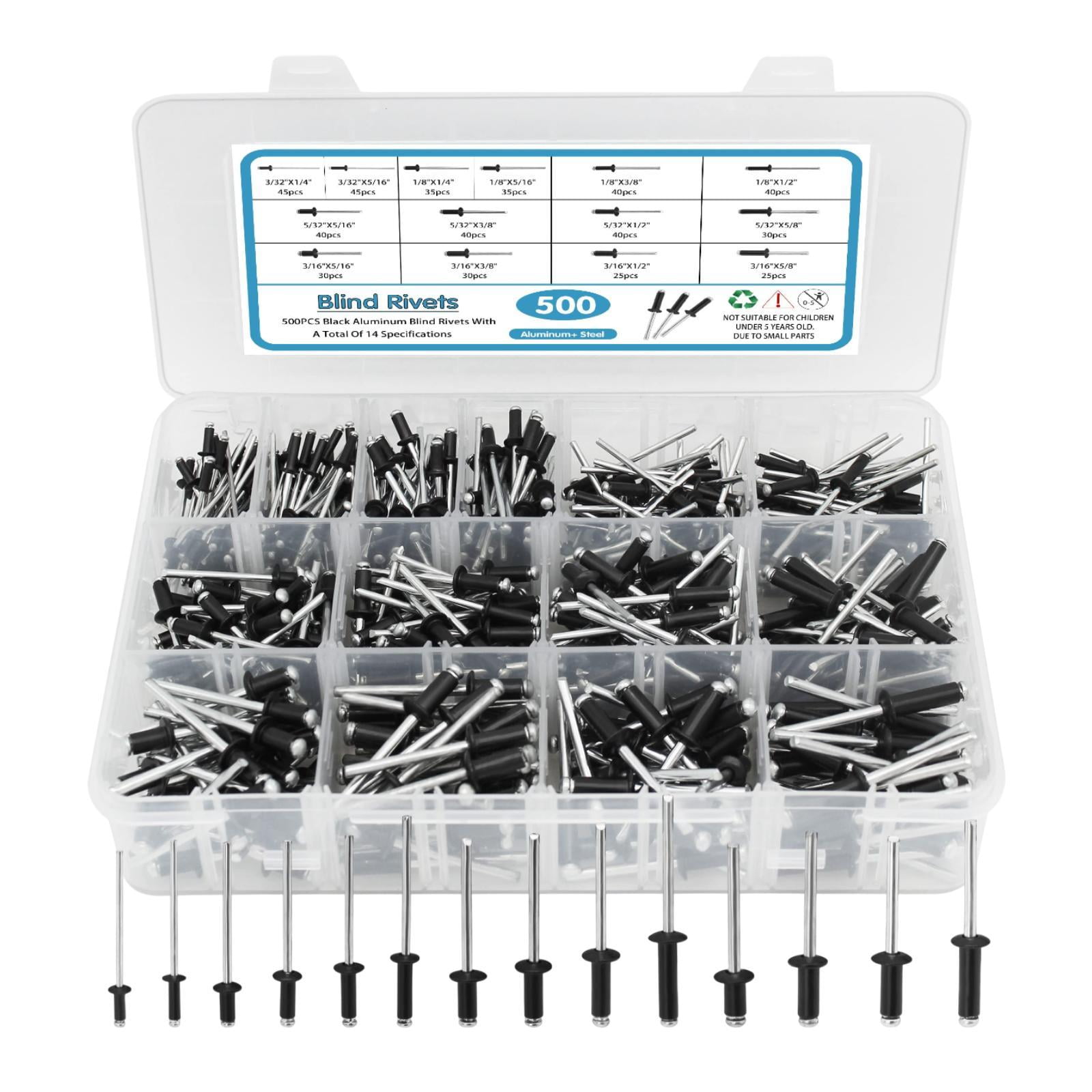 figatia 500Pcs Rivets Aluminum Steel Open End Rivets with Divider Labeled Case Black