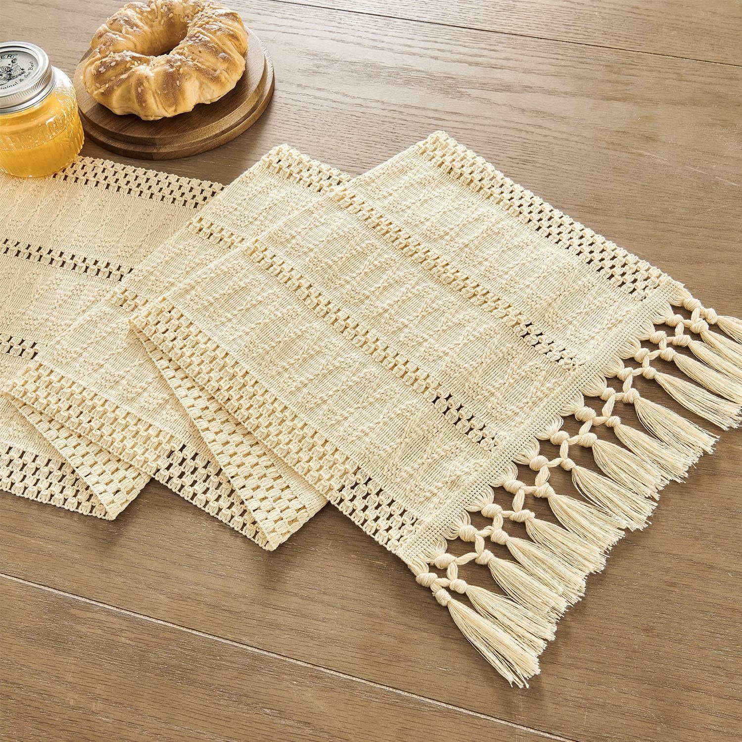 Boho Table Runner, Macrame Style Ivory Table Runners Farmhouse Woven Home Decor, 12x64 Inch, Beige