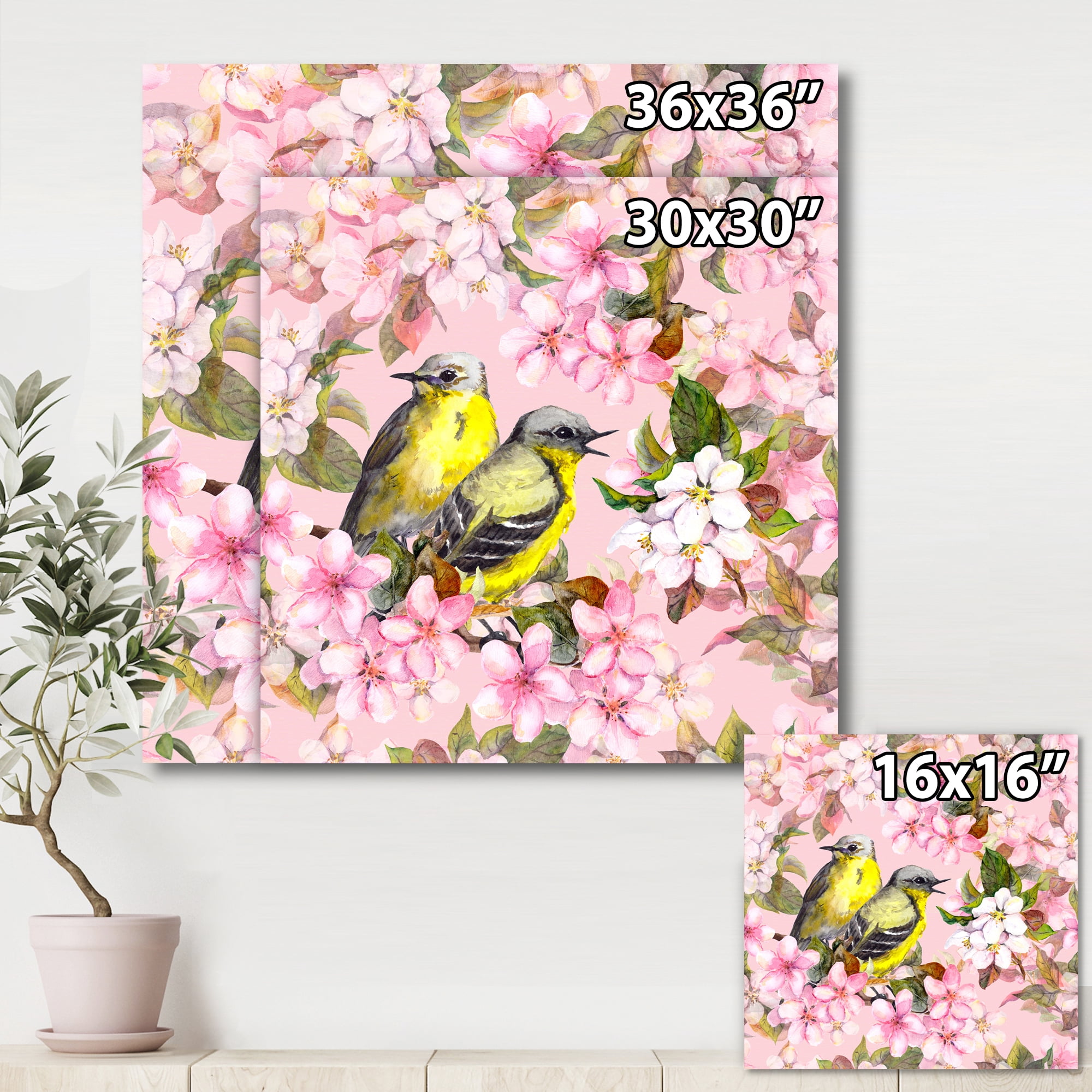 Designart ' Birds On Pink Cherry Sakura and Apple Flowers I ' Traditional Canvas Wall Art Print