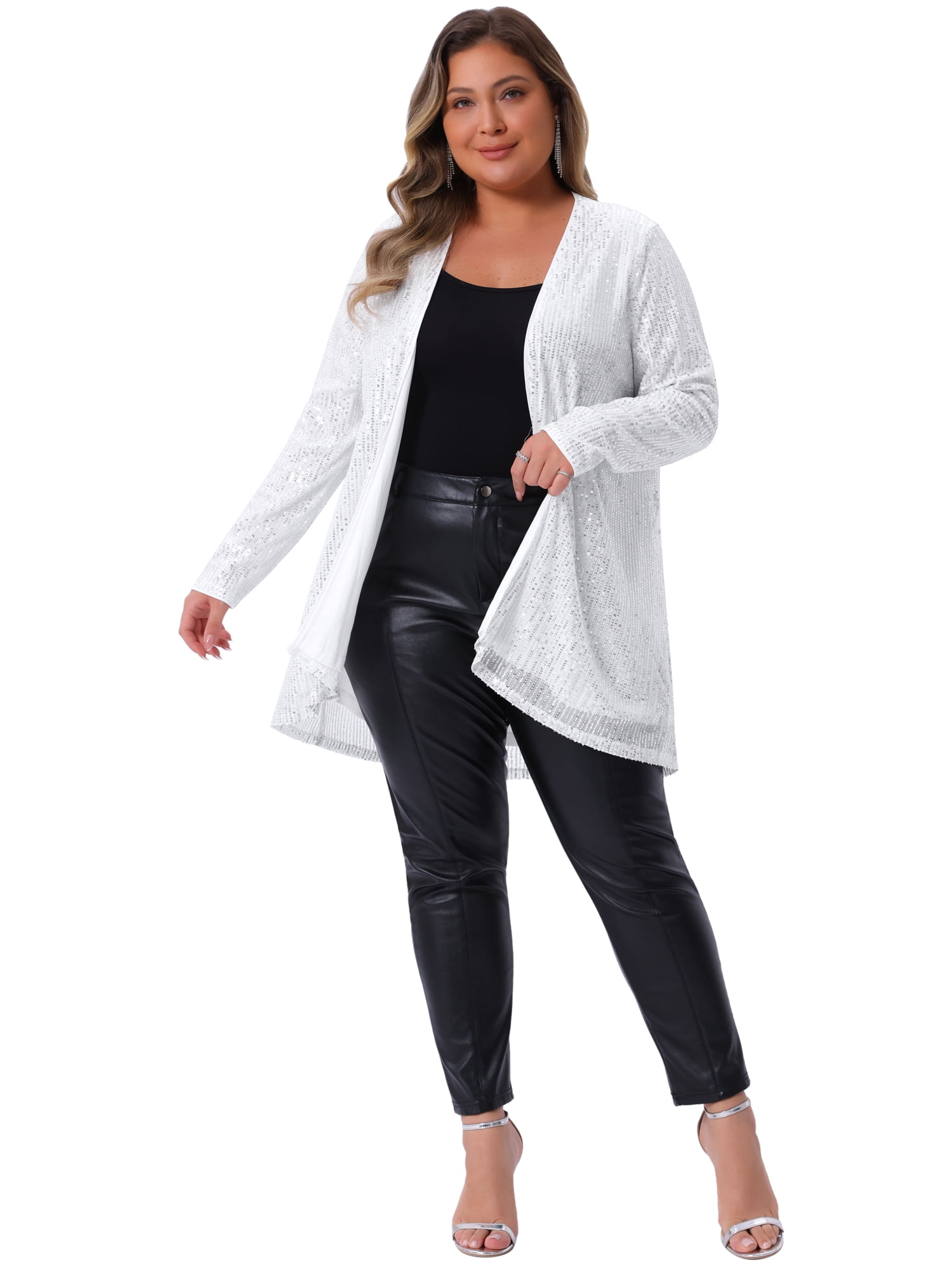 DARING DIVA Women's Plus Sequin Long Sleeve Open Front Outerwear Coat 2X Silver