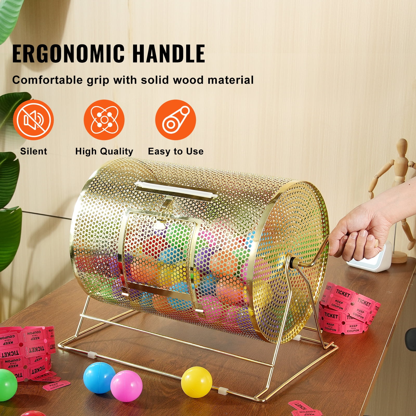 KFFKFF Raffle Drum, Accommodates 5000 Tickets or 200 Table Tennis Balls, Metallic Sweepstakes Rotating Draw with Timber Spin Handle,16.1 x Ø12 inch