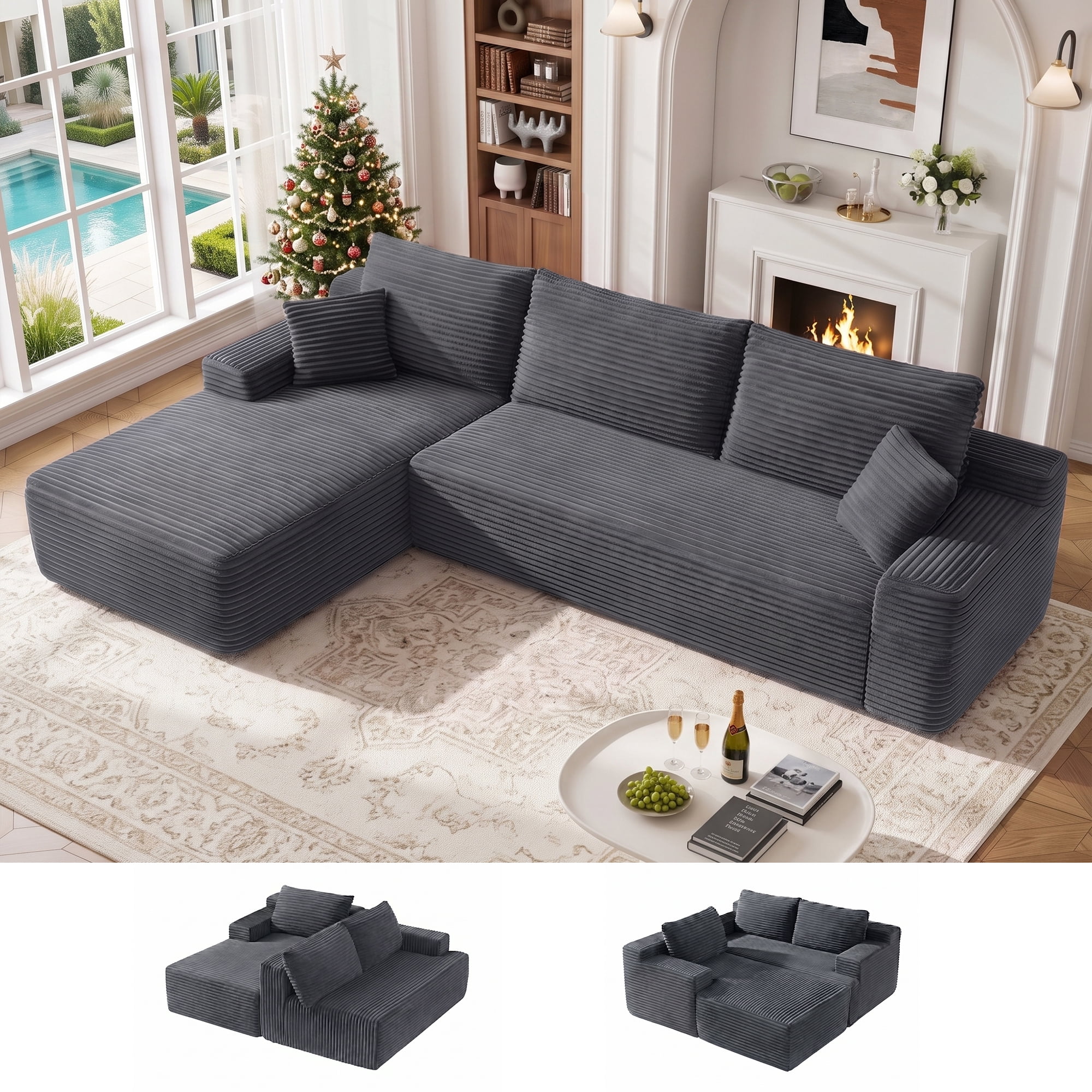 Aukfa 107" Boneless Modular Sectional Sofa, L-Shaped Corduroy Couch with Deep Seat and Left-Facing Chaise for Living Room, Gray