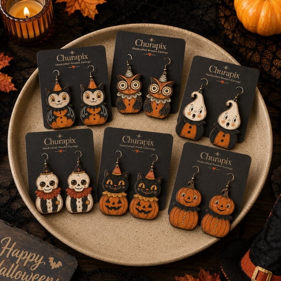 12pcs/6 Pairs Halloween Wooden Dangle Earrings Set, Vintage Retro Character Drop Earrings, Pumpkin, Cat, Owl, Ghost, Skull Halloween Themed Wooden Hook Earrings for Party Costume Accessory