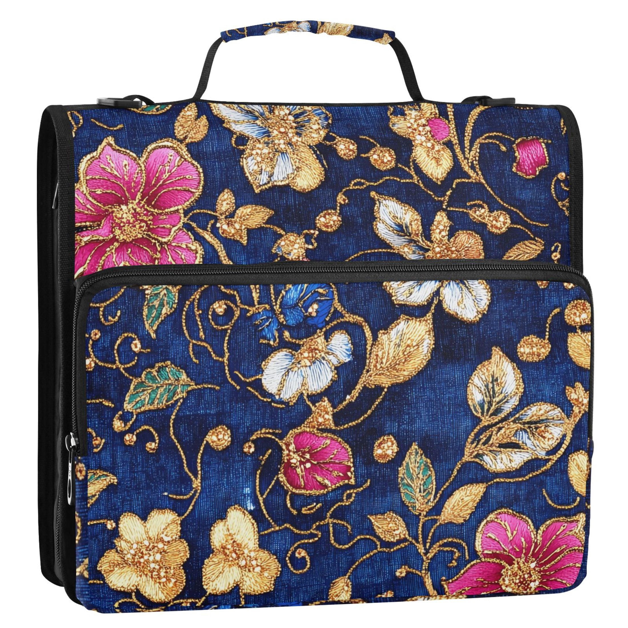 3 Ring Zipper Binder with Shoulder Strap Waterproof Trapper Keeper 2 Inch D-Ring 500 Sheets Capacity Colorful Embroidered Flower