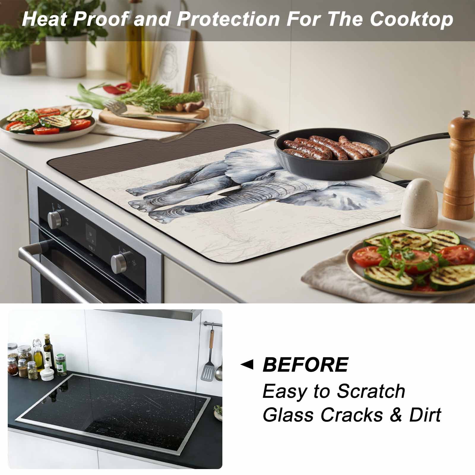 Vintage Elephant Stove Top Cover for Electric Stove, Heat-proof & Non Slip Glass Top Stove Cover Protector, Modern Art Animal Watercolor Kitchen Flat Cooktop Rubber Mat 24x21 Inches