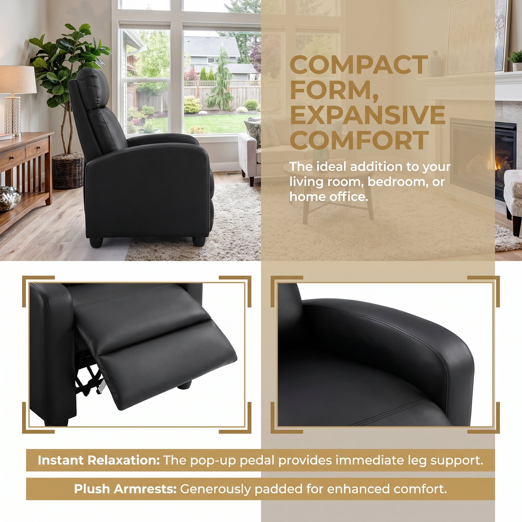 Manual Recliner Chair, PU Leather Upholstered Armchair Accent Sofa with Pop Up Footrest High Density Foam Padding for Small Spaces Living Room Bedroom
