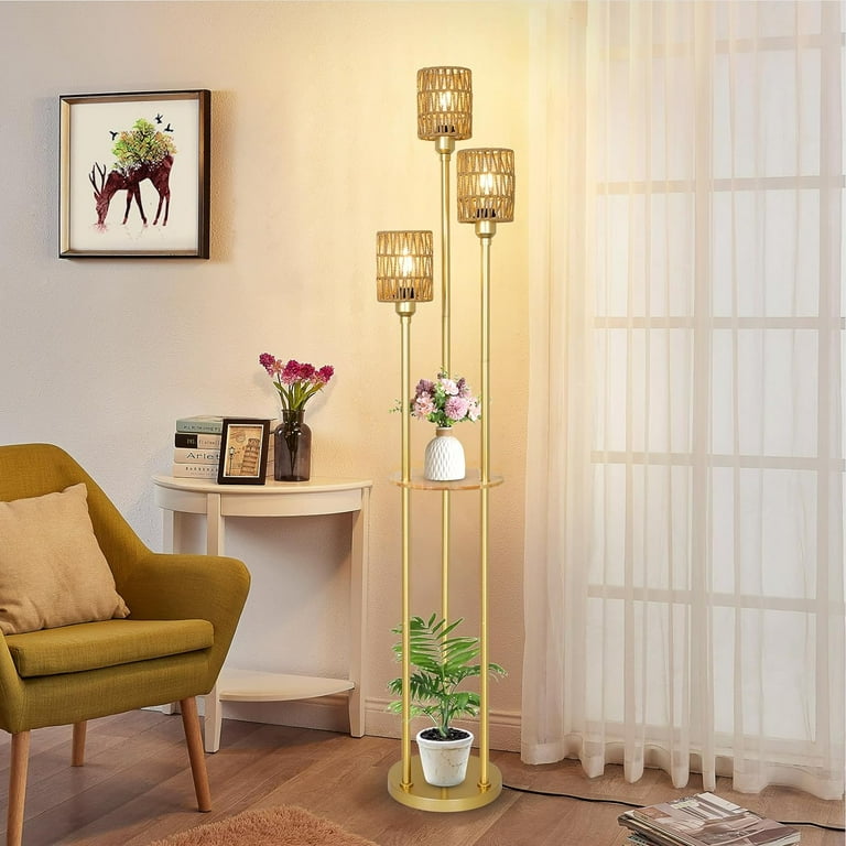 3-Light Rattan Floor Lamp With Shelf - 66" Farmhouse Standing Lamp With Foot Switch For Living Room