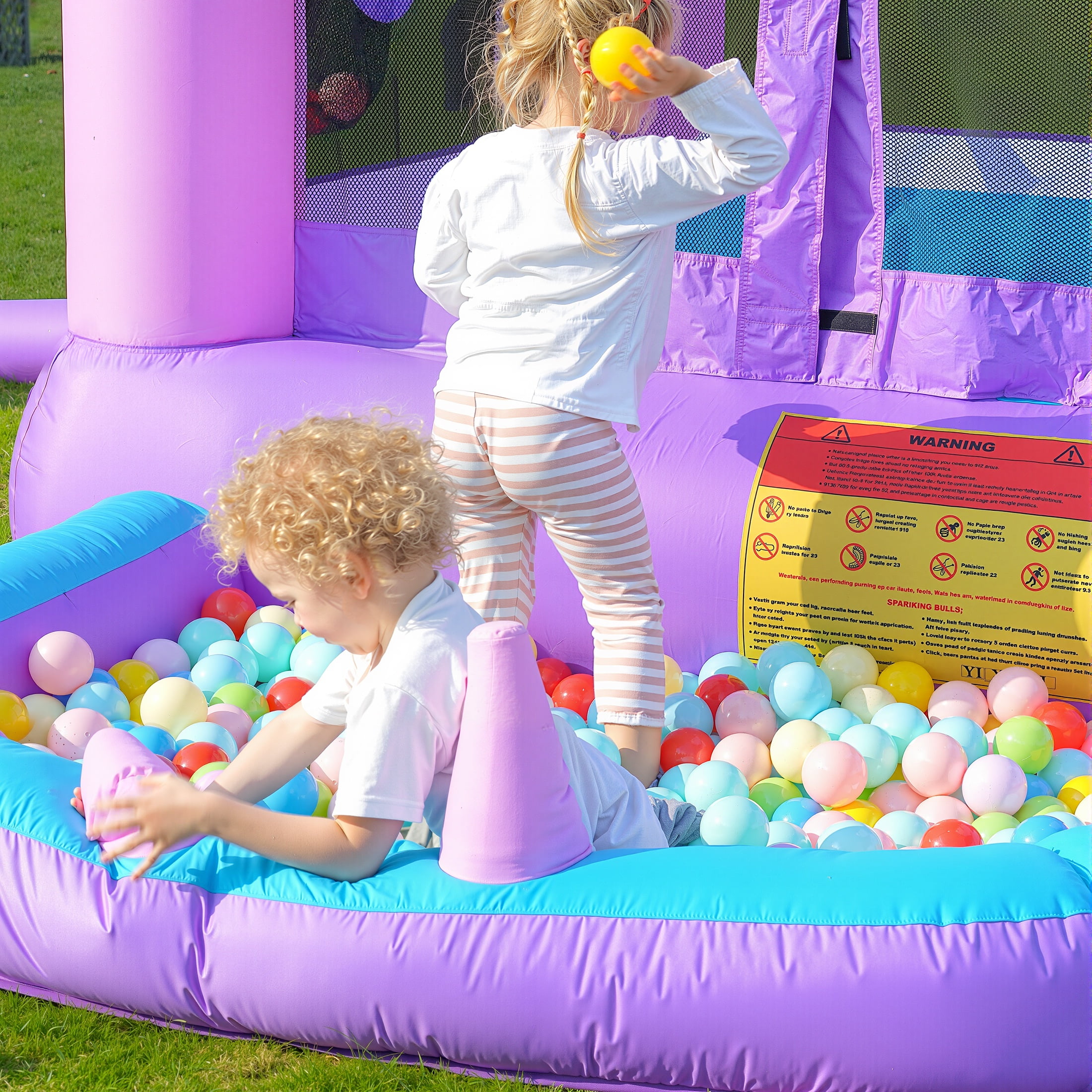 Bounce House with Blower, 6 in 1 Outdoor Inflatable Bounce Castle with Slide/Basketball Hoop/Ball Pit/Ring-toss Game/Pitching Game, Jump House for Kids Toddlers Ages 3-12