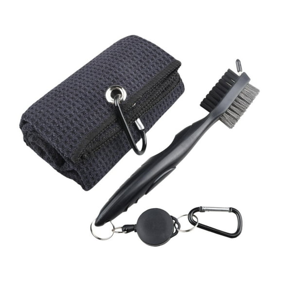 Golf Club Brush Toalla de golf Accesorios de limpieza para hombres Mujeres con clip, Toalla de microfibra de gimnasio de limpieza de clubes Toalla de Toalla negra