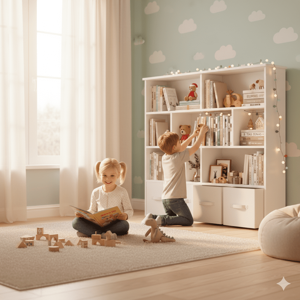 Erinnyees Kids Toy Organizer: 4-Drawer Bookshelf with 7 Cubbies, White