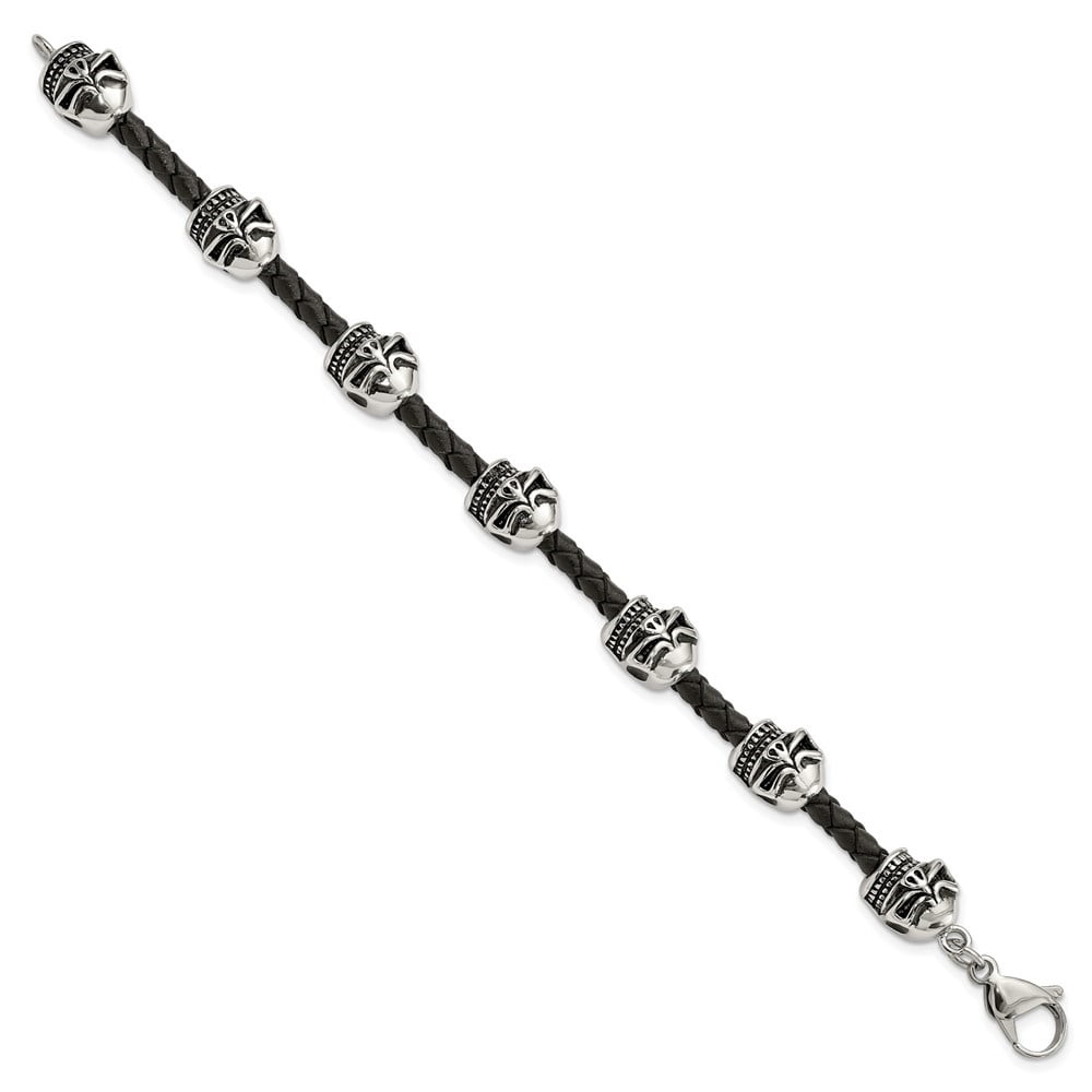 Diamond2Deal Stainless Steel Antiqued and Polished Skull Beads Black Braided Leather Bracelet for Men 8.5"