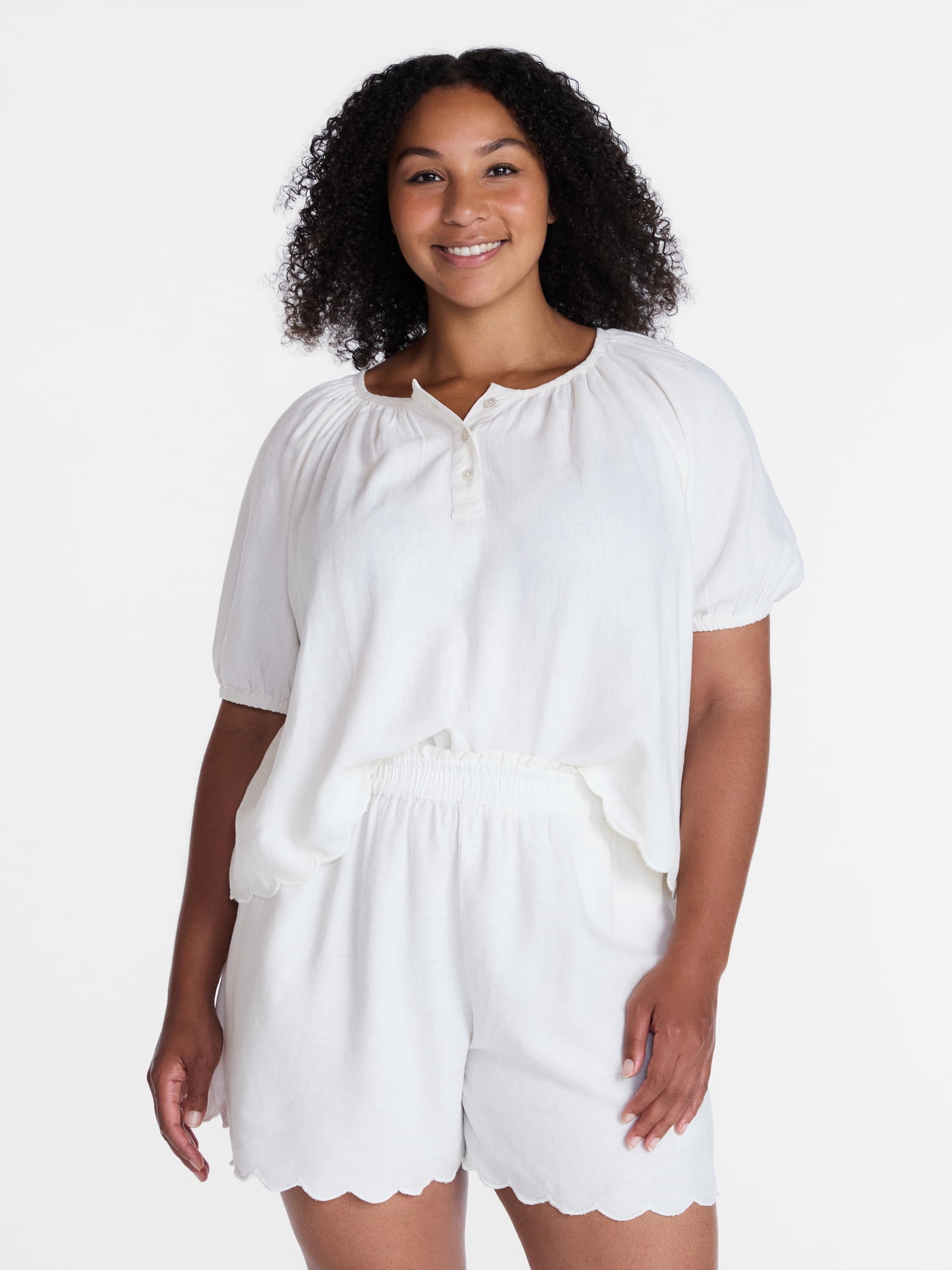 Time and Tru Women's Linen Blend Blouse with Scalloped Hem, Sizes XS-XXXL