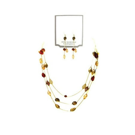 Brown 3-Row Necklace and Earrings Set
