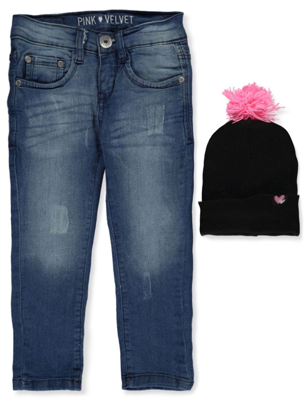 Hot pink beanie with ripped jeans