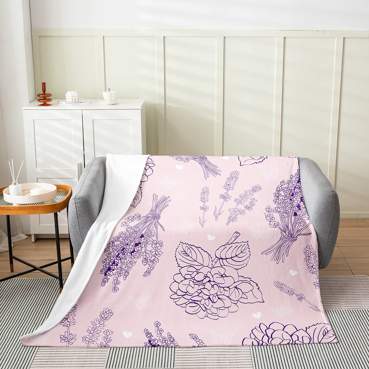 YST Pink Floral Throw Blanket Twin 60x80 Bohemian Art Blanket For Kids Teens Girls Sketch Flower Fleece Blanket Spring Rustic Garden Flannel Blanket