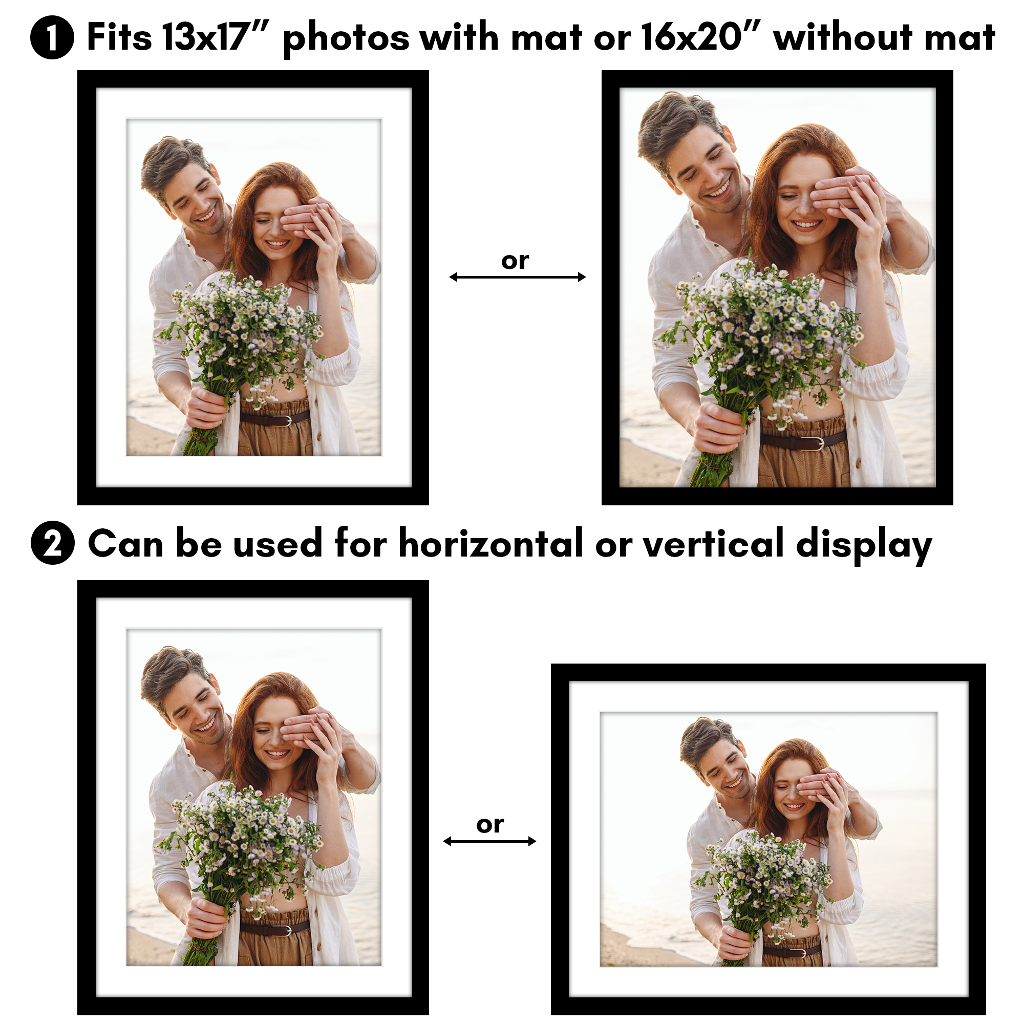 Americanflat 16x20 Black Picture Frames Shatter-Resistant Glass 3 Pack 13x17 With Mat or as 16x20 Frame Without Mat