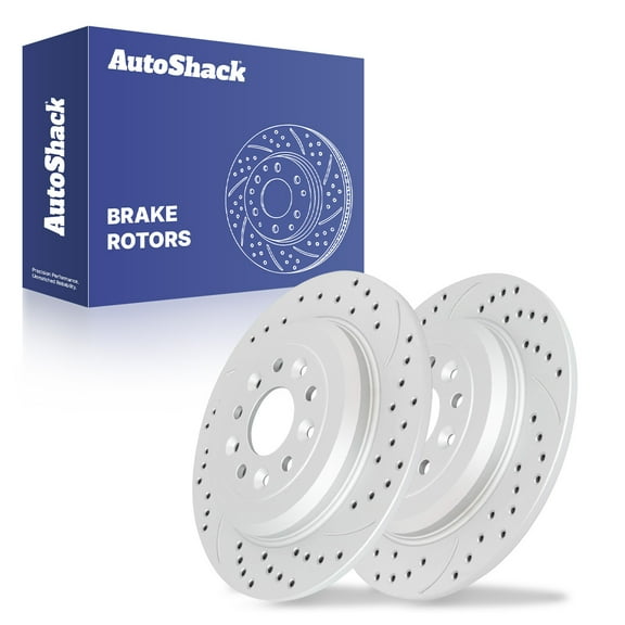 AutoShack Rear Solid Drilled & Slotted Coated Brake Rotors Silver Matte Finish 2-PC Set Replacement for 2011-2019 Ford Explorer 2011-2014 Ford Edge 2011-2015 Lincoln MKX TurboGuard 13.02" (330.6 mm)