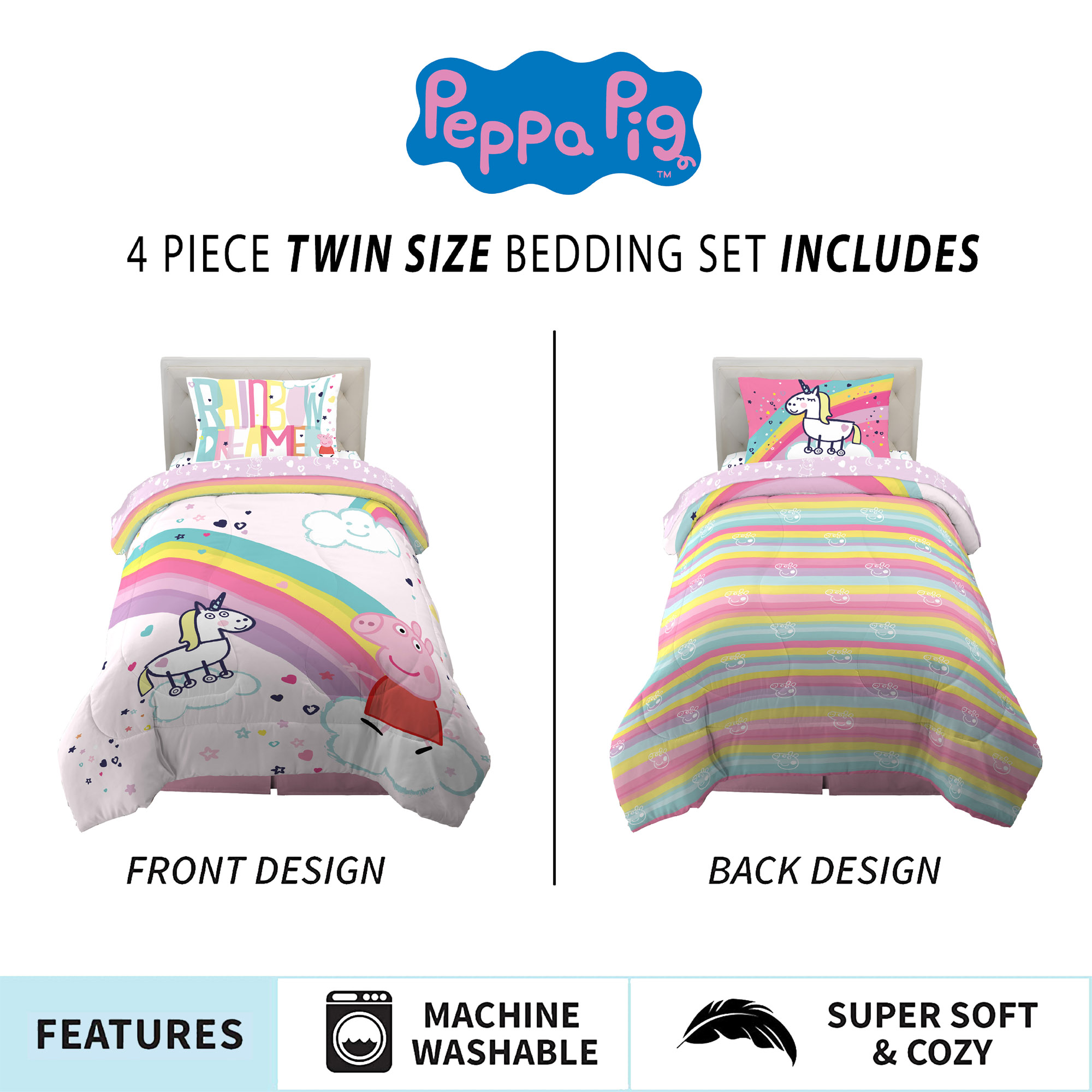 Peppa Pig Kids Twin Bed in a Bag, Comforter and Sheets, Rainbow