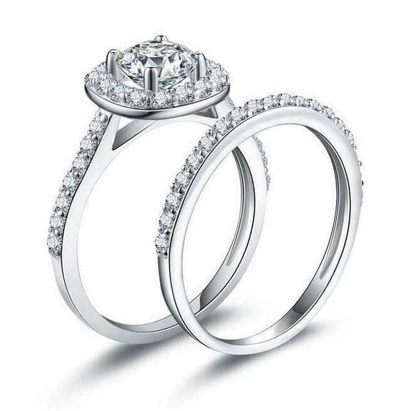 HeartsAndYou 3.3ct Round Cut Moissanite Engagement Ring for Women Halo Bridal Set Band 18k White Gold Over Silver