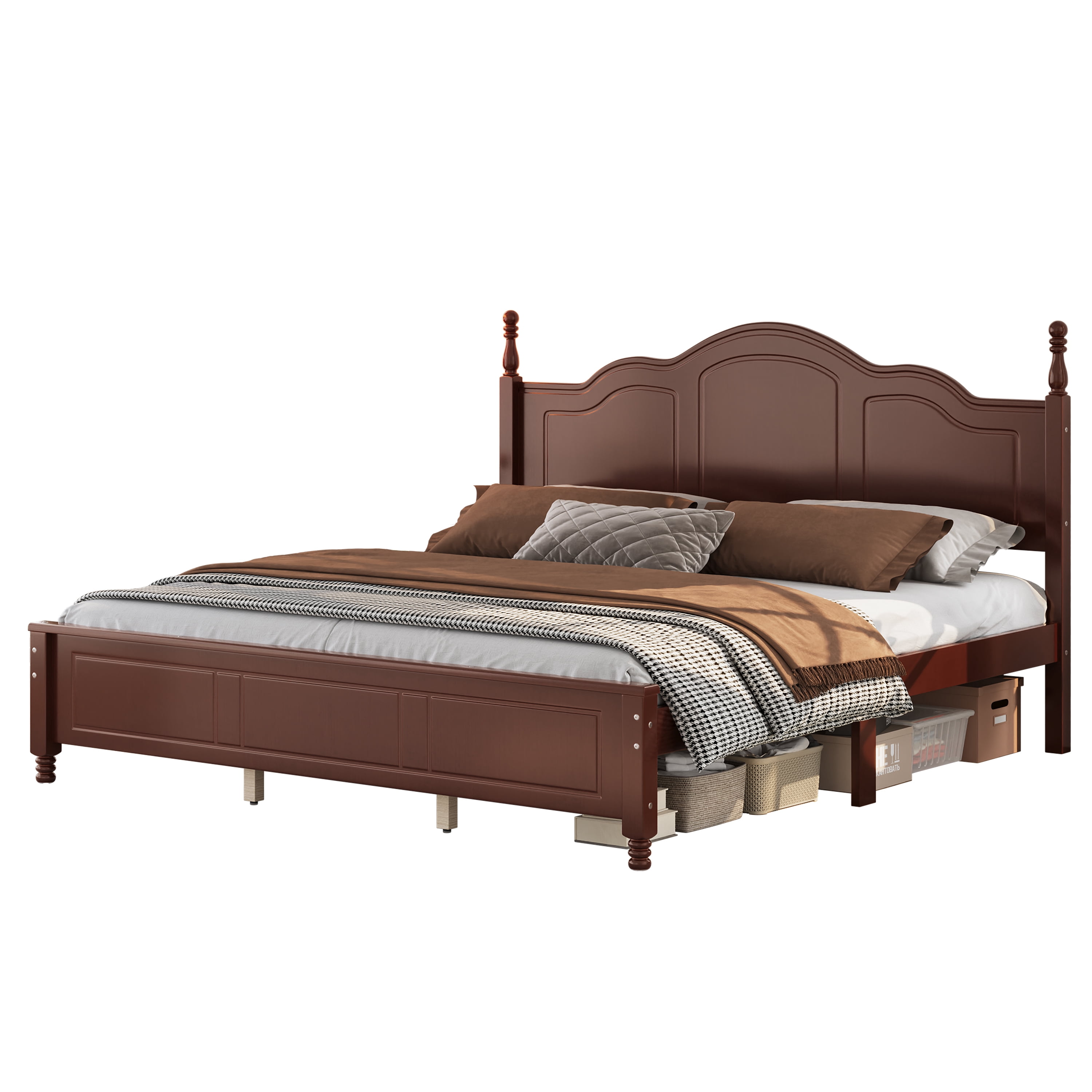 Euroco Wood King Size Platform Bed, Dark Walnut