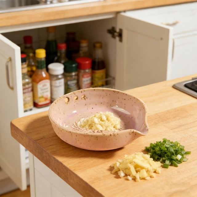 COM1950s Handmade Garlic Grater Bowl for Herbs,Ceramic Kitchen Tool with Integrated Shredder for Grating Garlic and Chopping Herbs,Easy To Clean Multifunctional Prep Bowl