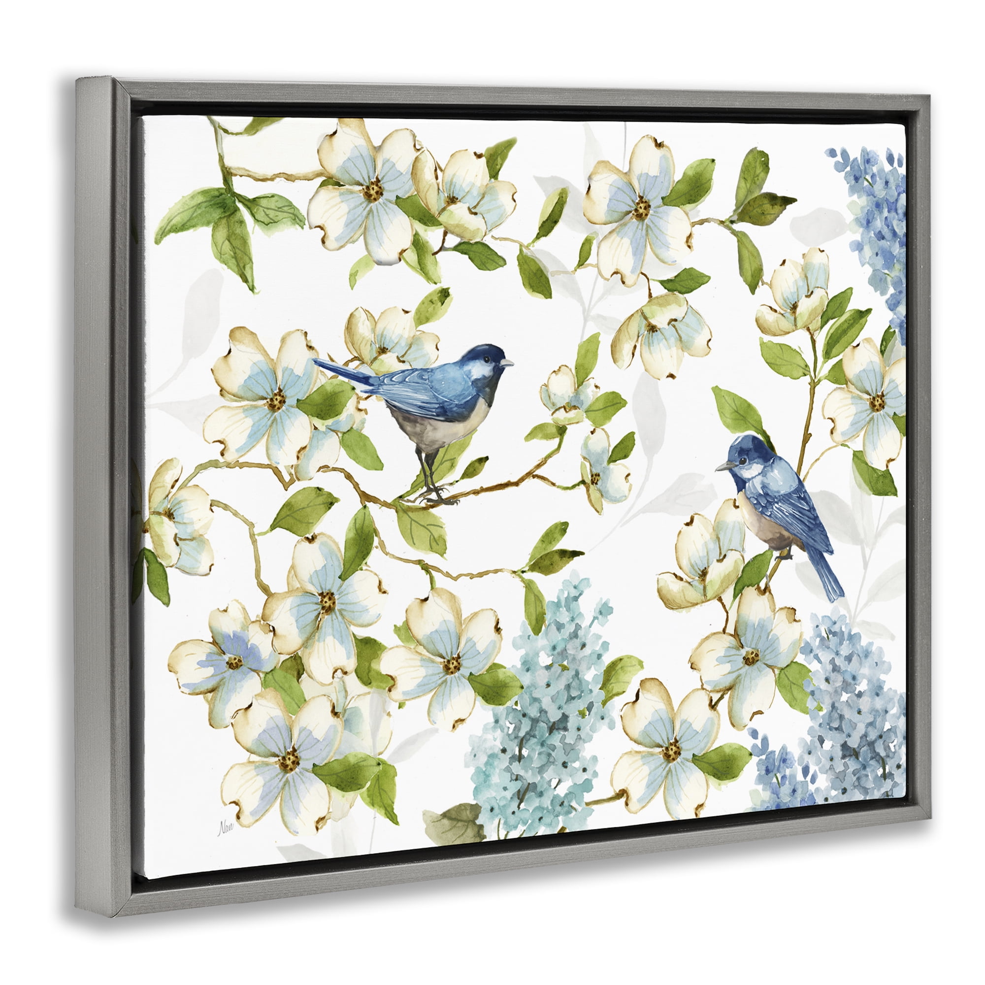 Stupell Industries Dogwood & Bluebirds Plants & Flowers Painting Gray Floater Framed Canvas Art Print Wall Art, 31 x 25