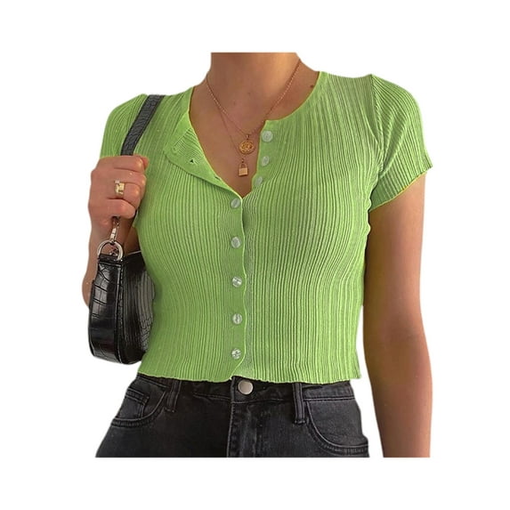 Liacowi Women Summer Crop Tops, Solid Color Round Neck Short Sleeve Button Up Cardigan for Girls, S/M/L/XL/XXL