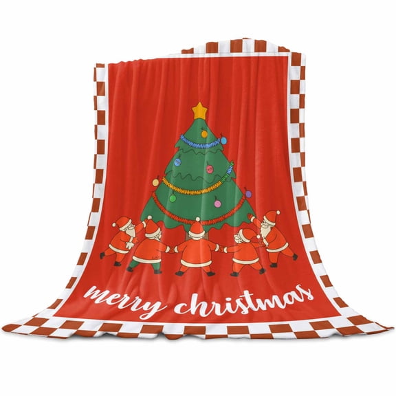 Merry Christmas Flannel Blanket for Bed,Travel and Camping, Santa Claus Tree Red Plaid Super Soft Cozy Blanket for All Seasons 32"x48"