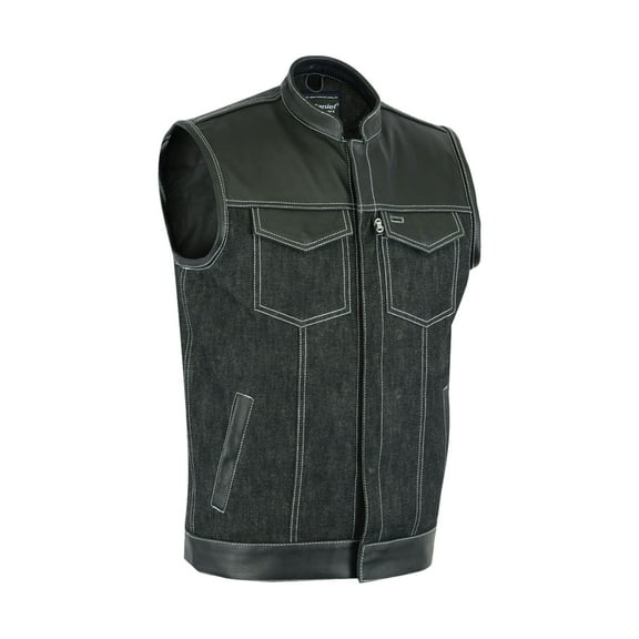 Daniel Smart Biker Vest for Men Unique Black Denim Vest with Leather Detailing