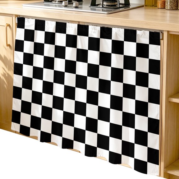 Cabinet Curtain 35''W x 35''L,Black White Plaid Under Sink Curtain Drapes,Farmhouse Modern Minimalist Geometric Self Adhesive Cabinet Skirt for Kitchen/Bathroom Vanity/Laundry Room/Open Shelf/Pantry