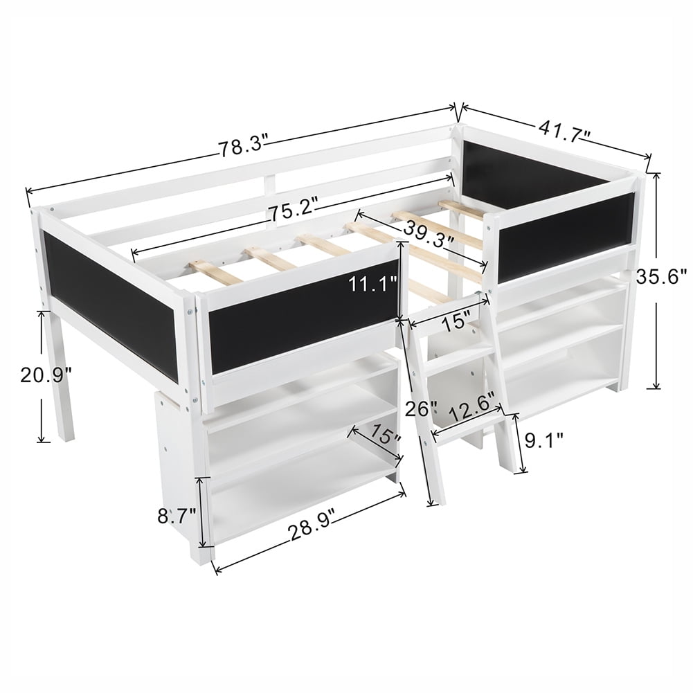 Kadyn Twin Size Low Loft Bed with Two Movable Shelves and Ladder,with Decorative Guardrail Chalkboard,White