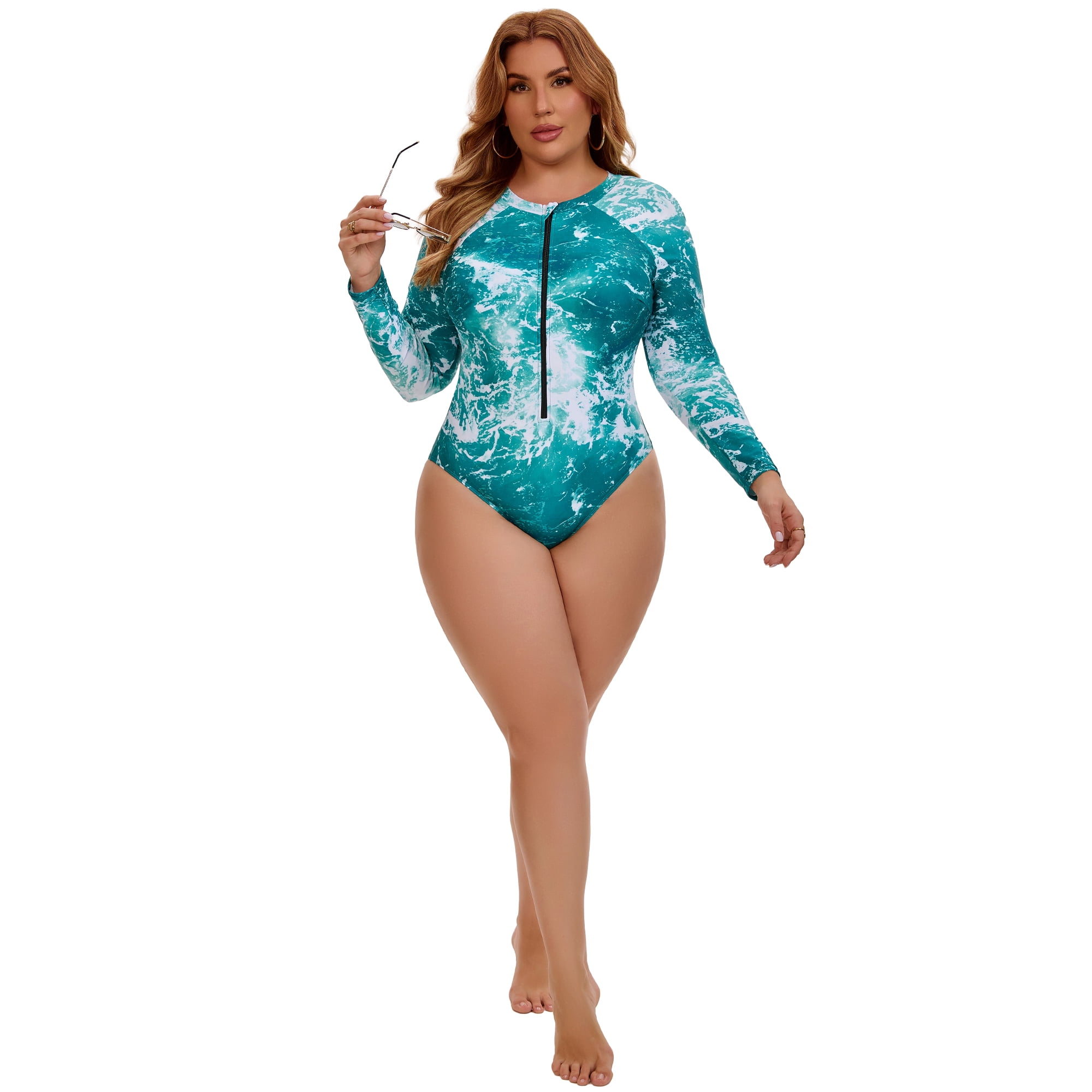 DARING DIVA Women's Plus 1 Piece Surfing Long Sleeve Swimwear 3X Green