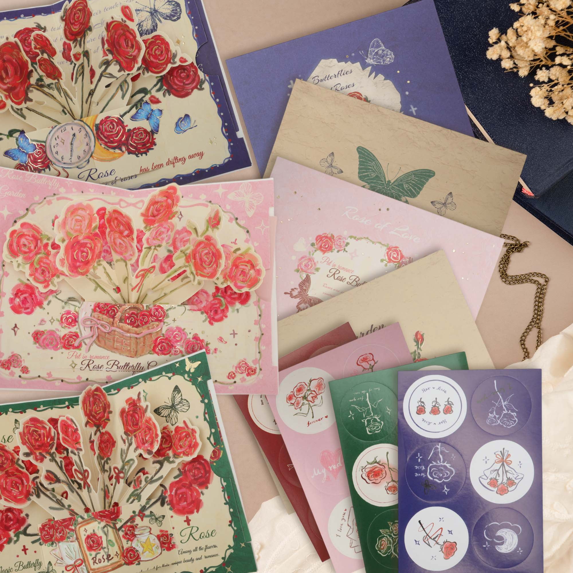 Unique Bargains Floral Pops Up Card 3D Greeting Cards with Envelope Pink Butterfly Rose