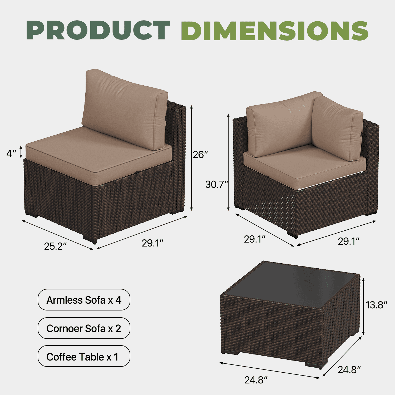 BaPiPro 7‑Piece Modular All‑Weather Patio Furniture Set, Brown Rattan Wicker Outdoor Sectional Sofa with Thickened Khaki Cushions & Tempered Glass Coffee Table for Backyard Porch Deck Balcony