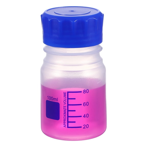 Uxcell 100ml Thickened Media Storage Bottles,1 Pcs PP Plastic Graduated Bottle with Blue Screw Cap for Lab Water Reagent Liquids, Transparent(Round)