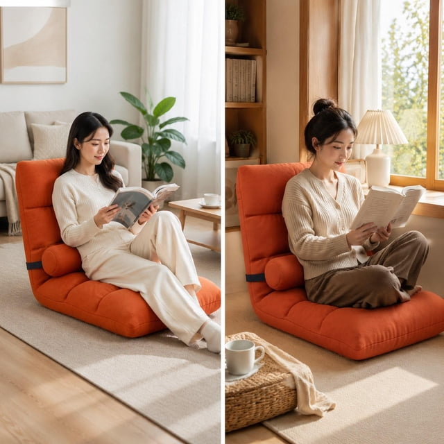 Silla de suelo con respaldo, sillas plegables, silla cómoda y suave para juegos, sala de lectura con sofá reclinable plegable de 5 posiciones. Naranja
