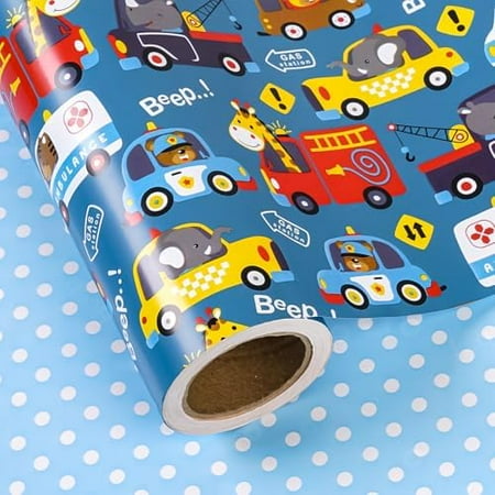 30 Inch Jumbo Reversible Car Wrapping Paper - 30 Inch x 33 Feet - Adorable Police Car Fire Trucks Animal Wrapping Paper for Kids Boys Birthday, Baby Shower