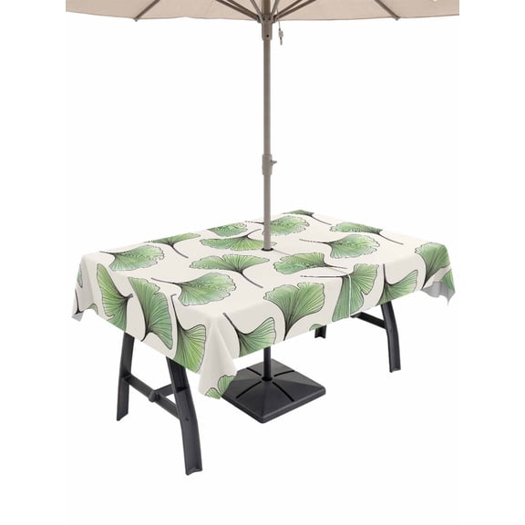 Outdoor Tablecloth with Umbrella Hole for Patio/Picnic/Party/Camping, Ginkgo Leaf Waterproof Table Cloth Rectangle Table Cover Washable, Botanical Plants Dark Green Leaves Cream (60"x 120")