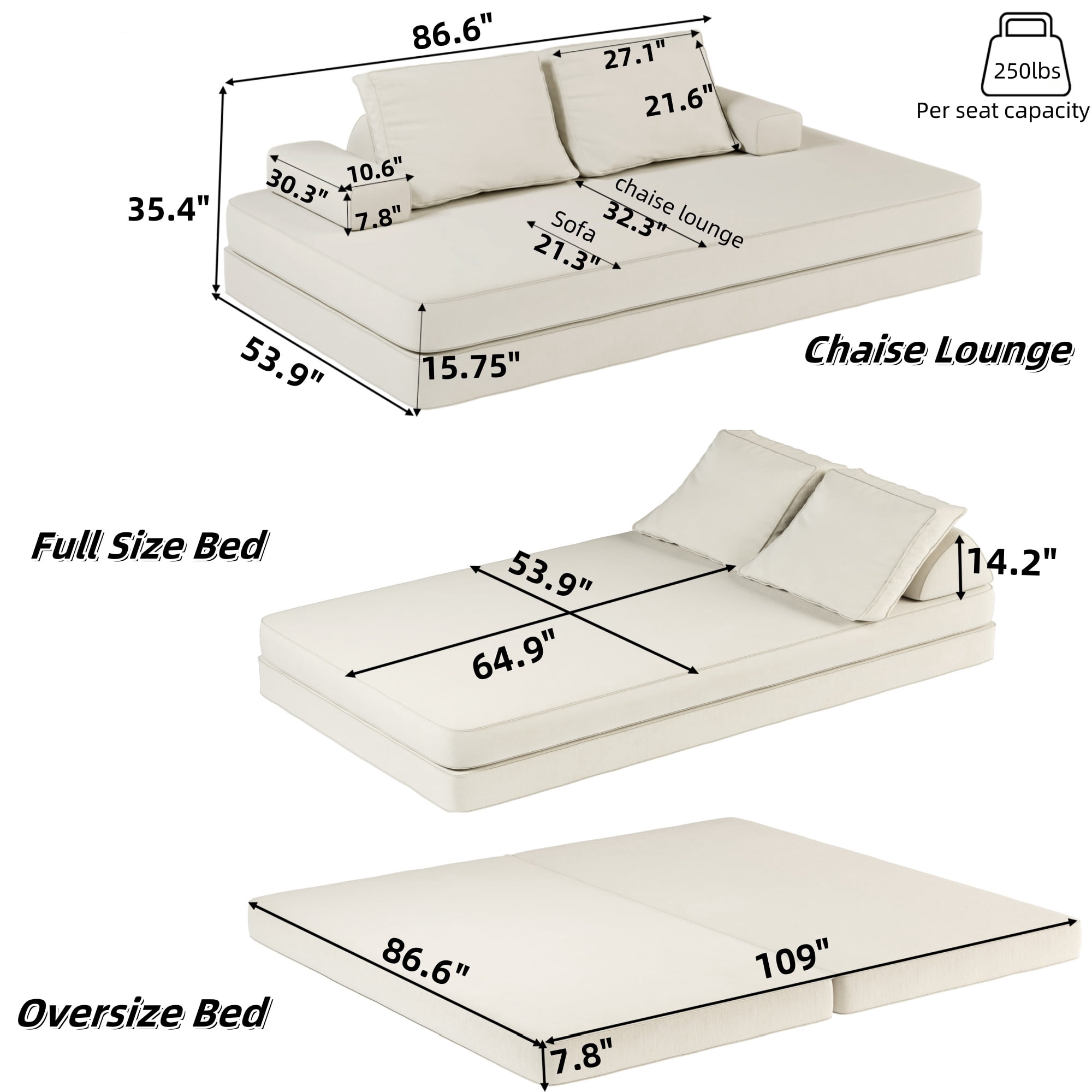 Miniyam Convertible Modular Floor Sofa Bed, Chenille Floor Couch with Backrest for Living Room, Beige